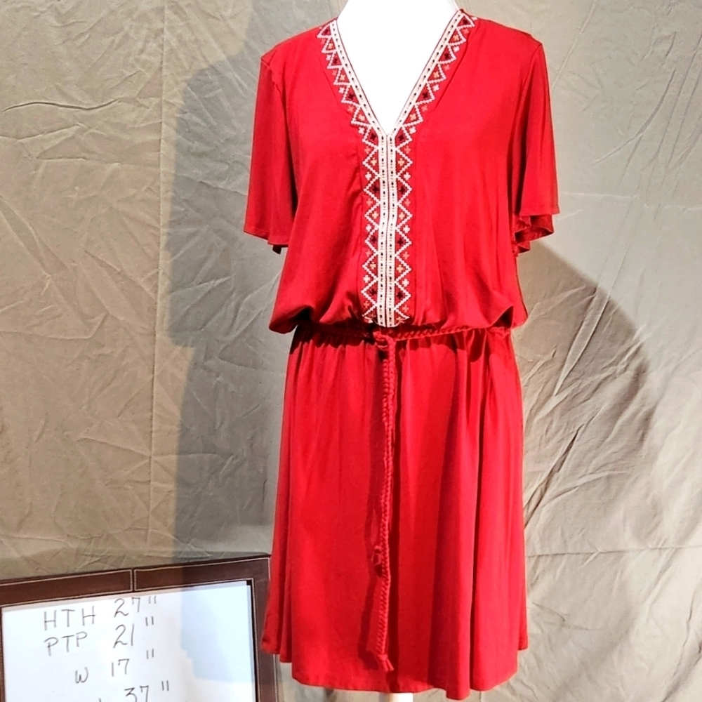 Old Navy L red Aztec embroidered neckline tie belt flutter‎ sleeve jersey dress